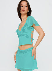 Pappilion Embroidered Top Aqua