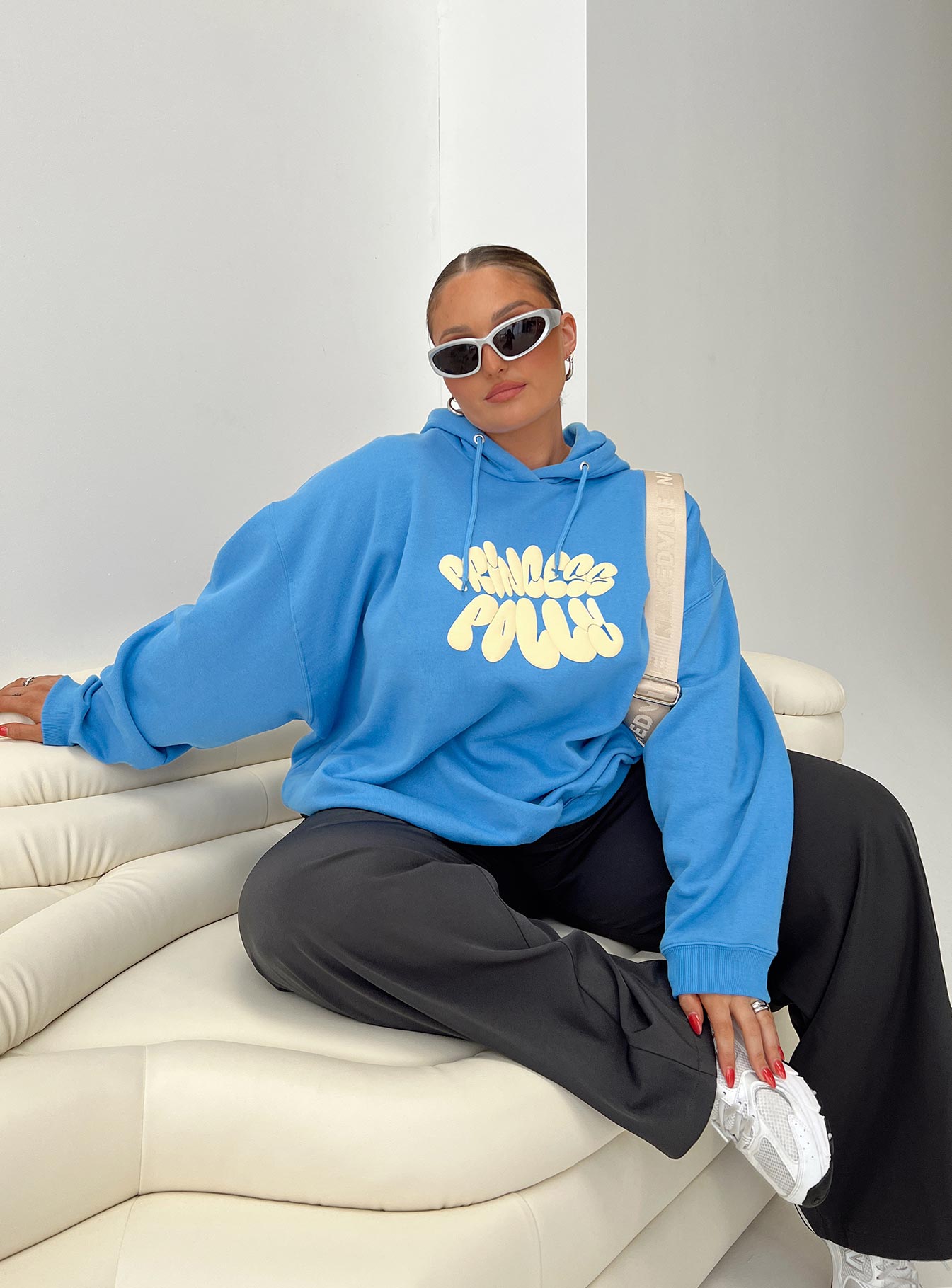 Princess Polly Hooded Sweatshirt Bubble Text Blue / Yellow Curve