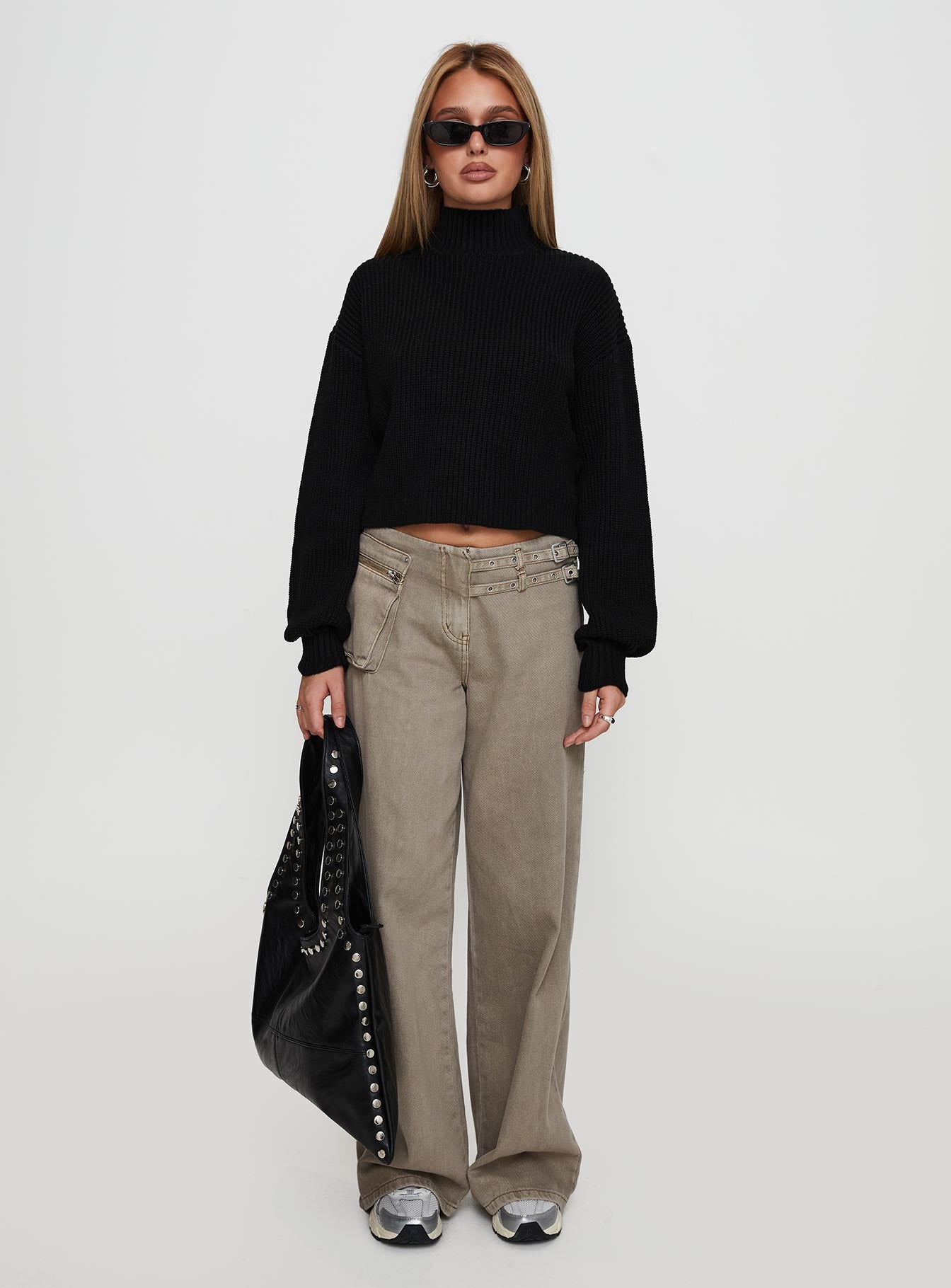 Sayge Mock Neck Knit Sweater Black