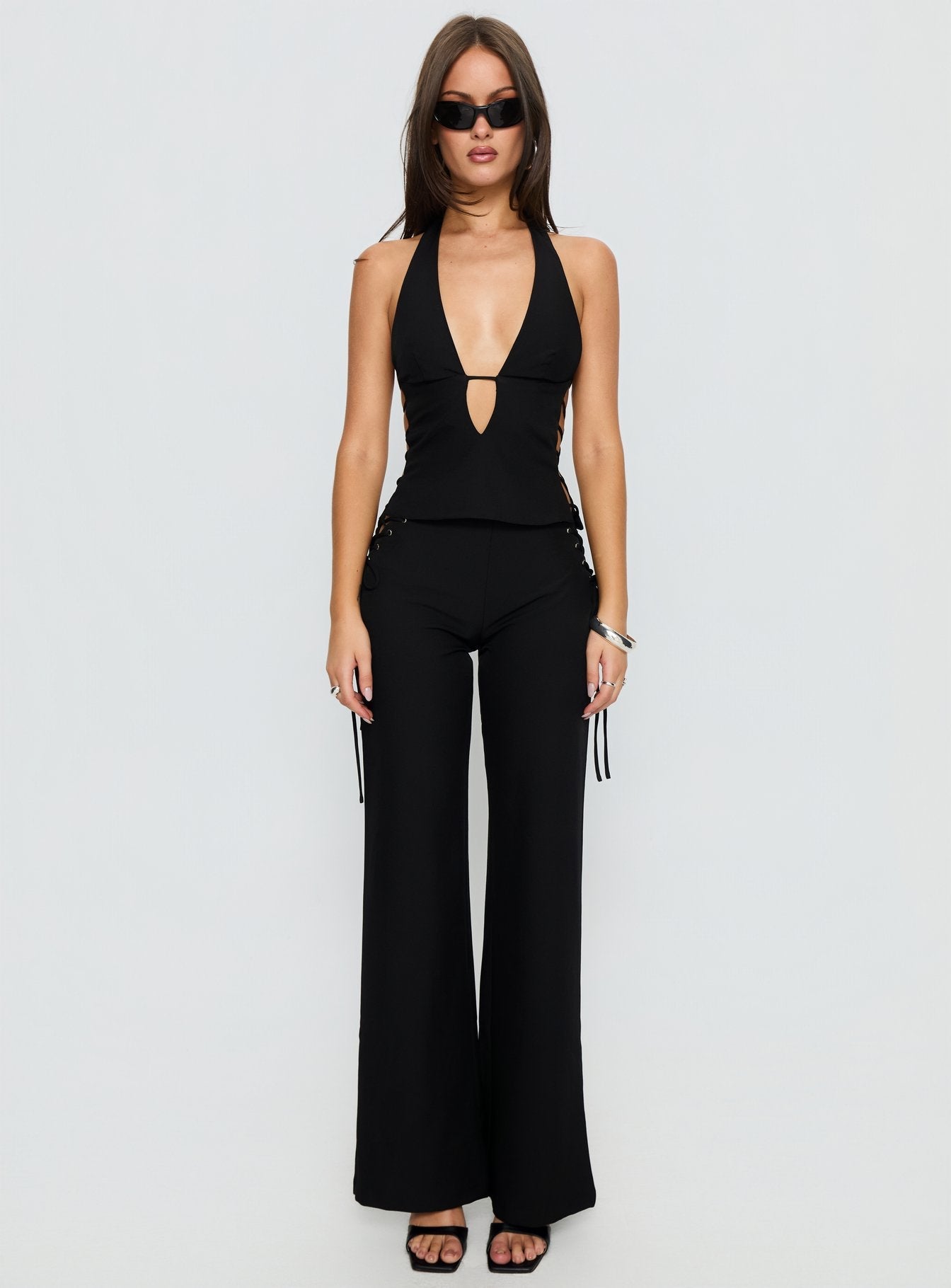 Riane Lace Up Halter Top Black