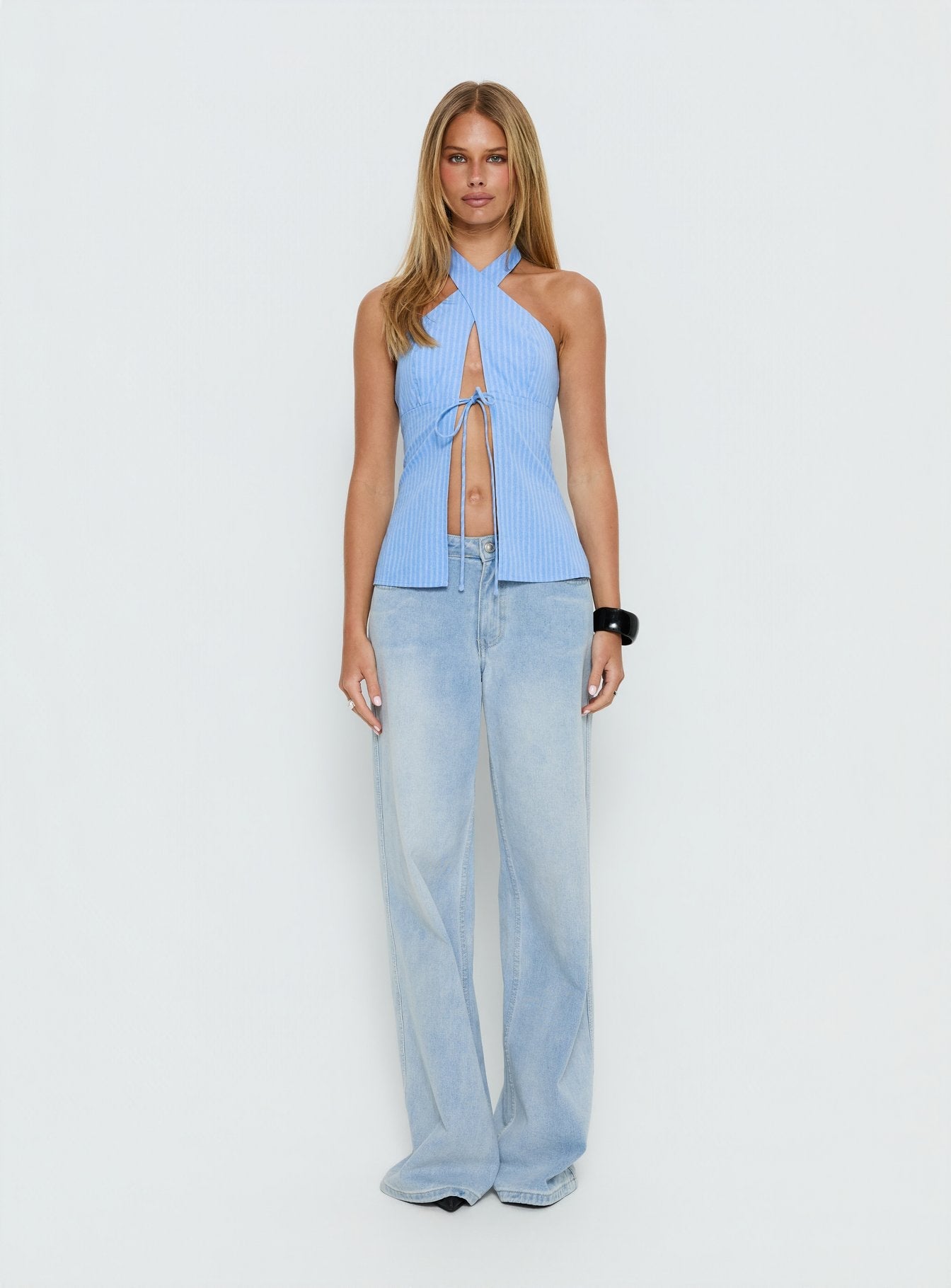 Sensational Cross Front Tie Detail Top Blue Stripe