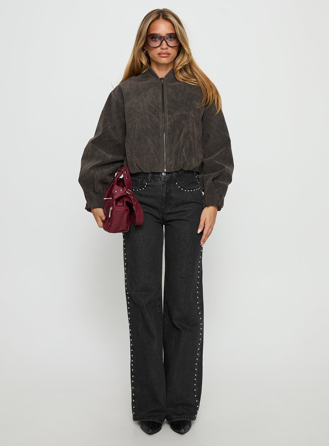 Saving Up Mid Rise Straight Leg Studded Jeans Jet Black