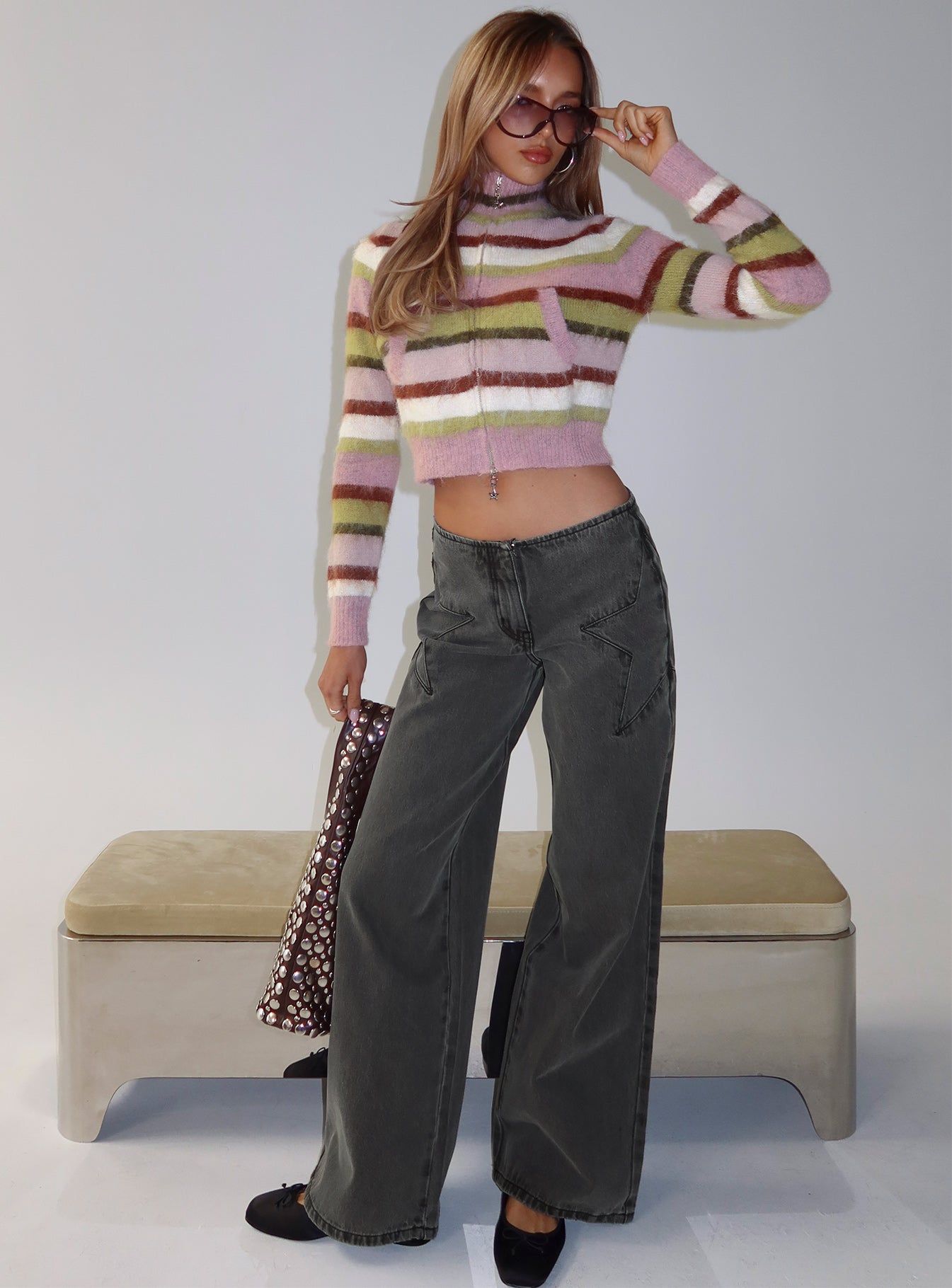 Dolley Star Stitch Mid Rise Wide Leg Jean Grey Wash